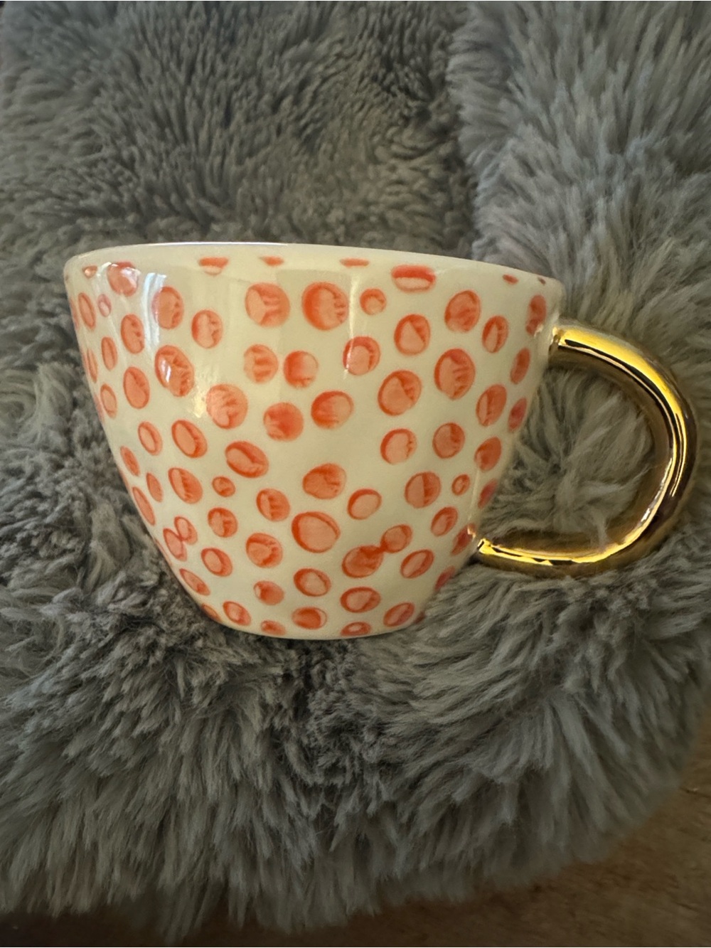 Paper Source Cream Ceramic Mug with “Coral Dots” and Gold Handle